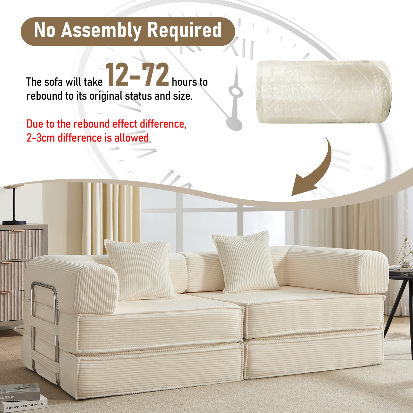 Convertible Sleeper Sofa Bed In Beige With Corduroy Fabric_voghion.com